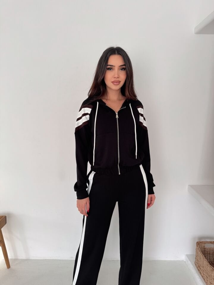 Kadın Şetirtli ve Kapüşonlu Modal Eşofman Takımı XL - SİYAH
