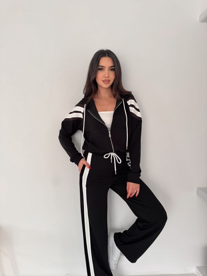 Kadın Şetirtli ve Kapüşonlu Modal Eşofman Takımı XL - SİYAH