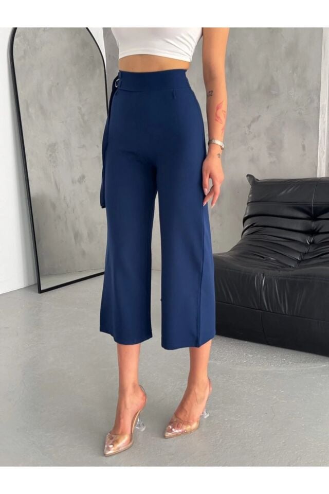 Kadın Bermuda Bej Rengi Kapri Midi Pantolon XL - LACİVERT