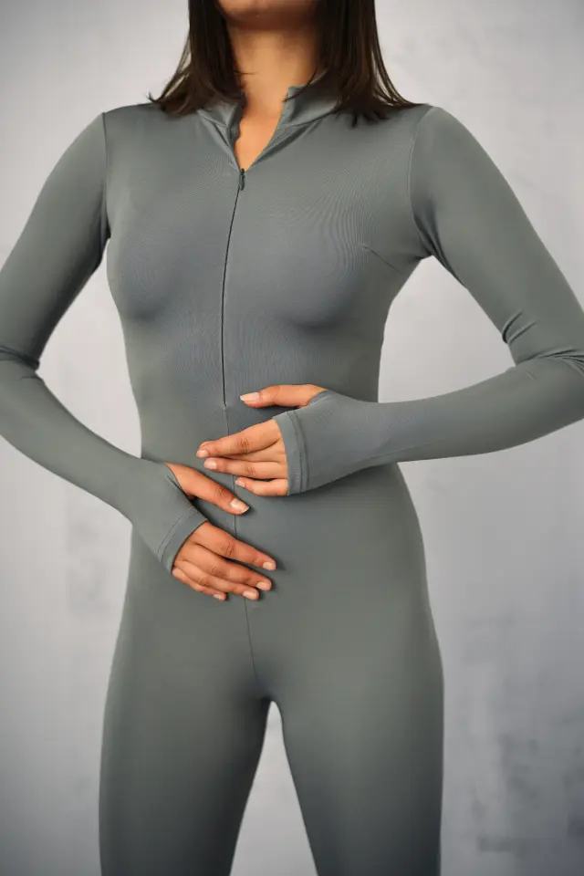 Kadın Uzun Spor ve Günlük Düz Dalgıç Tulum Tayt WM L - AÇIK GRİ