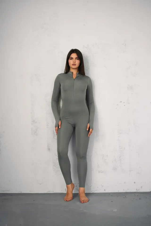 Kadın Uzun Spor ve Günlük Düz Dalgıç Tulum Tayt 2XL - AÇIK GRİ