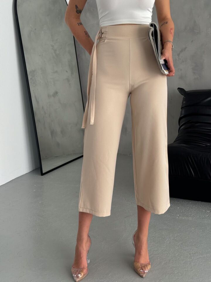 Kadın Bermuda Bej Rengi Kabri Midi Pantolon XL