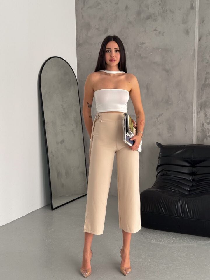 Kadın Bermuda Bej Rengi Kabri Midi Pantolon XL