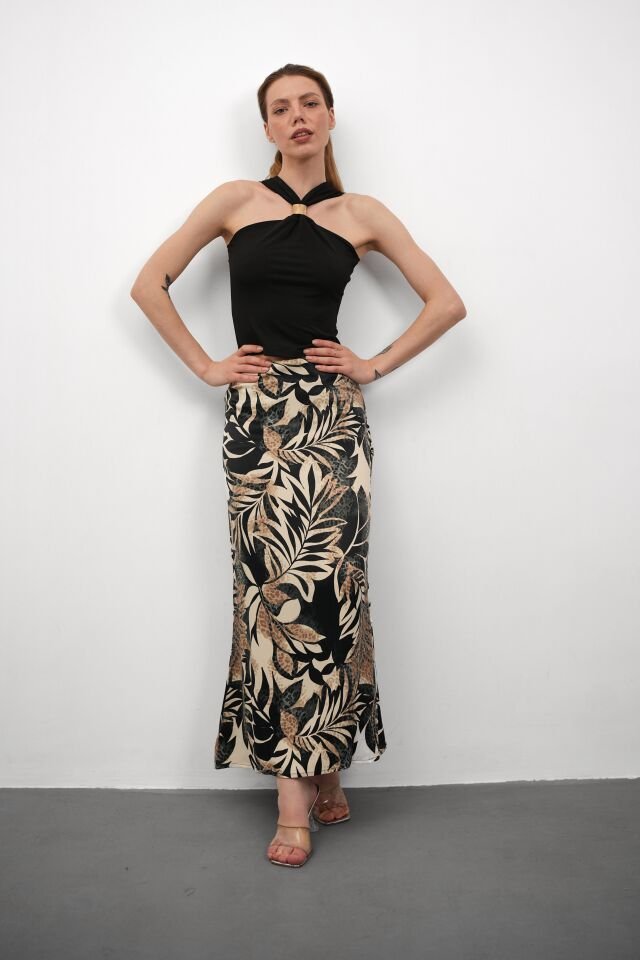 Kadın Uzun Desenli Saten Etek 3XL - KOD-11 YAPRAK DESENLİ