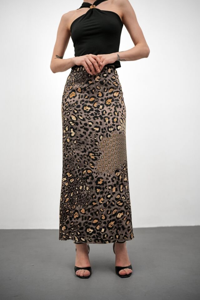 Kadın Uzun Desenli Saten Etek L - KOD-6 GRİ LEOPAR