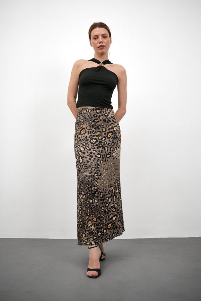 Kadın Uzun Desenli Saten Etek XL - KOD-6 GRİ LEOPAR