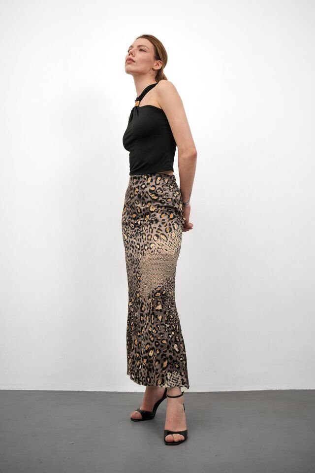 Kadın Uzun Desenli Saten Etek XL - KOD-6 GRİ LEOPAR