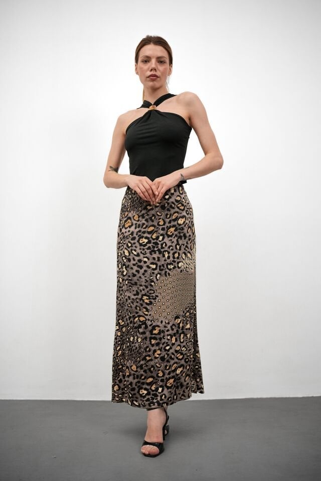 Kadın Uzun Desenli Saten Etek 3XL - KOD-6 GRİ LEOPAR