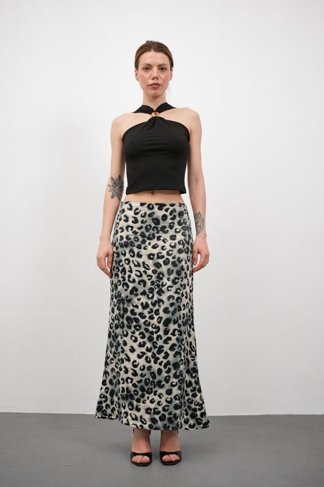 Kadın Uzun Desenli Saten Etek L - KOD-7 LEOPAR