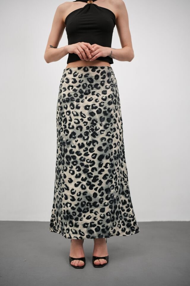 Kadın Uzun Desenli Saten Etek L - KOD-7 LEOPAR