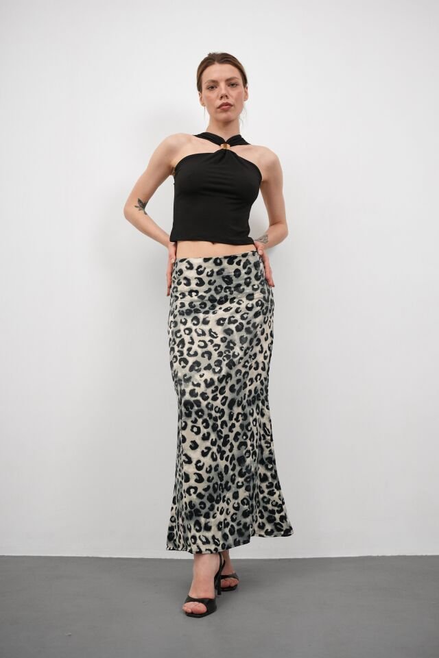 Kadın Uzun Desenli Saten Etek XL - KOD-7 LEOPAR