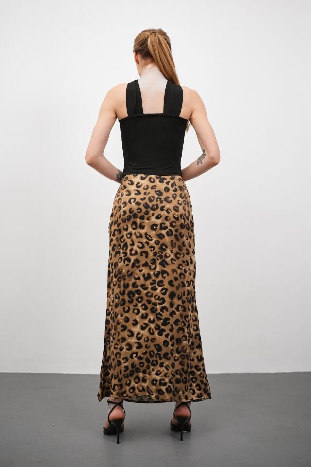 Kadın Uzun Desenli Saten Etek XL - KOD-8 LEOPAR