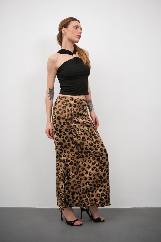 Kadın Uzun Desenli Saten Etek XL - KOD-8 LEOPAR