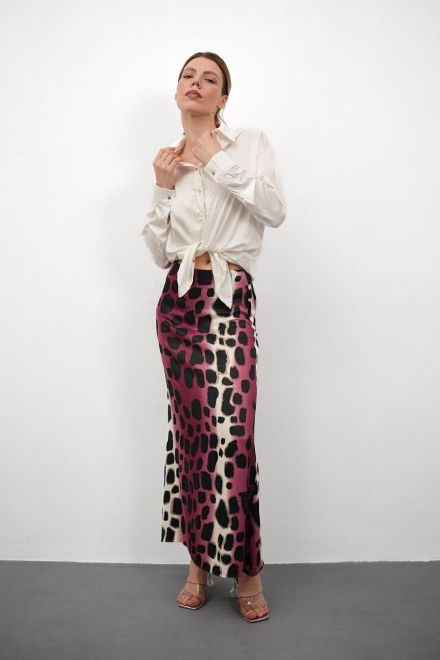 Kadın Uzun Desenli Saten Etek L - KOD-4 PEMBE