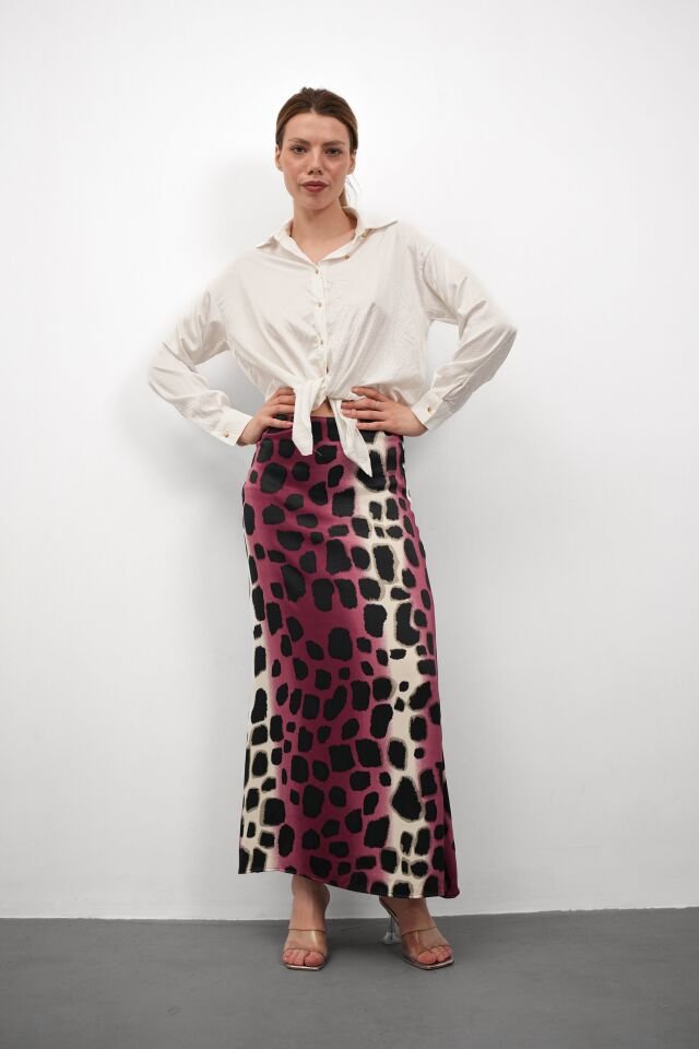 Kadın Uzun Desenli Saten Etek L - KOD-4 PEMBE