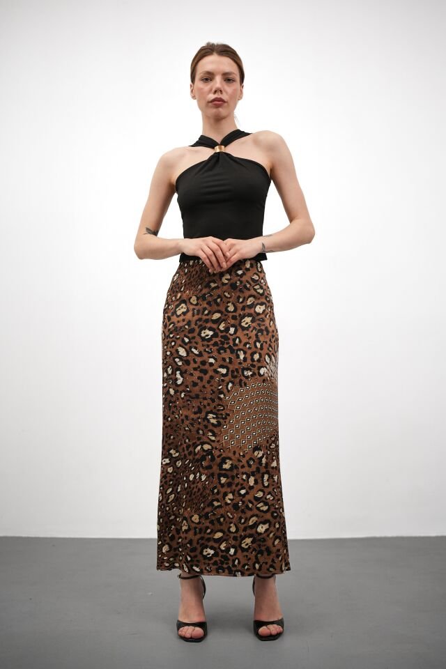 Kadın Uzun Desenli Saten Etek L - KOD-5 KREMİT LEPOR DESENLİ