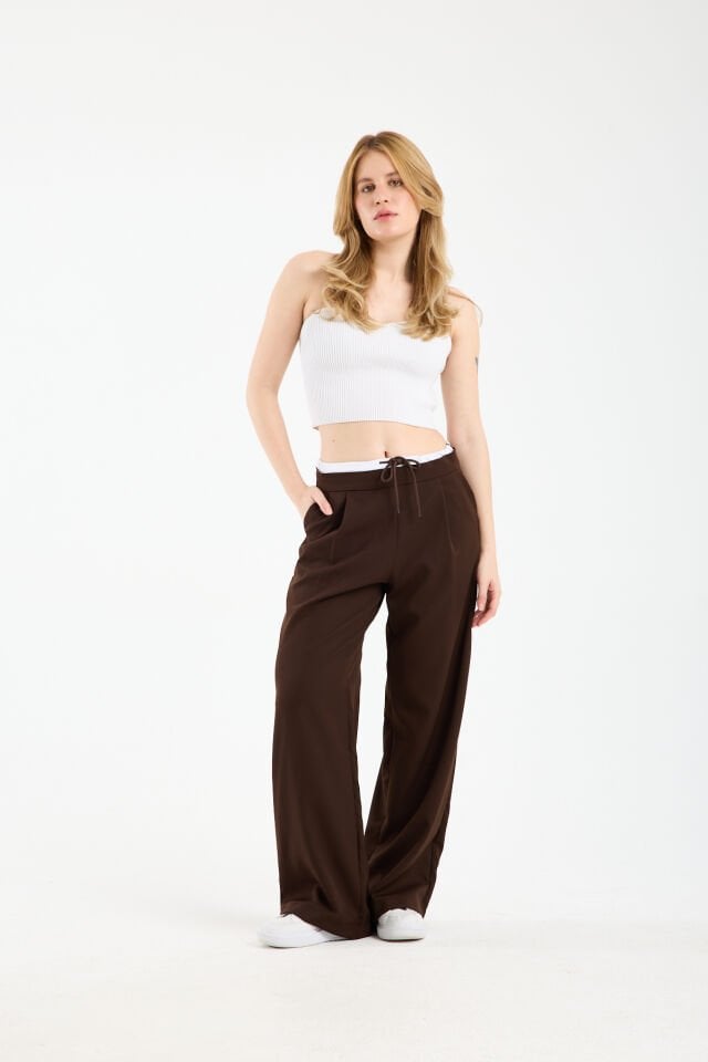 Kadın Çift Bel Bantlı Wide Leg Pantolon 1517 2XL - KAHVERENGİ
