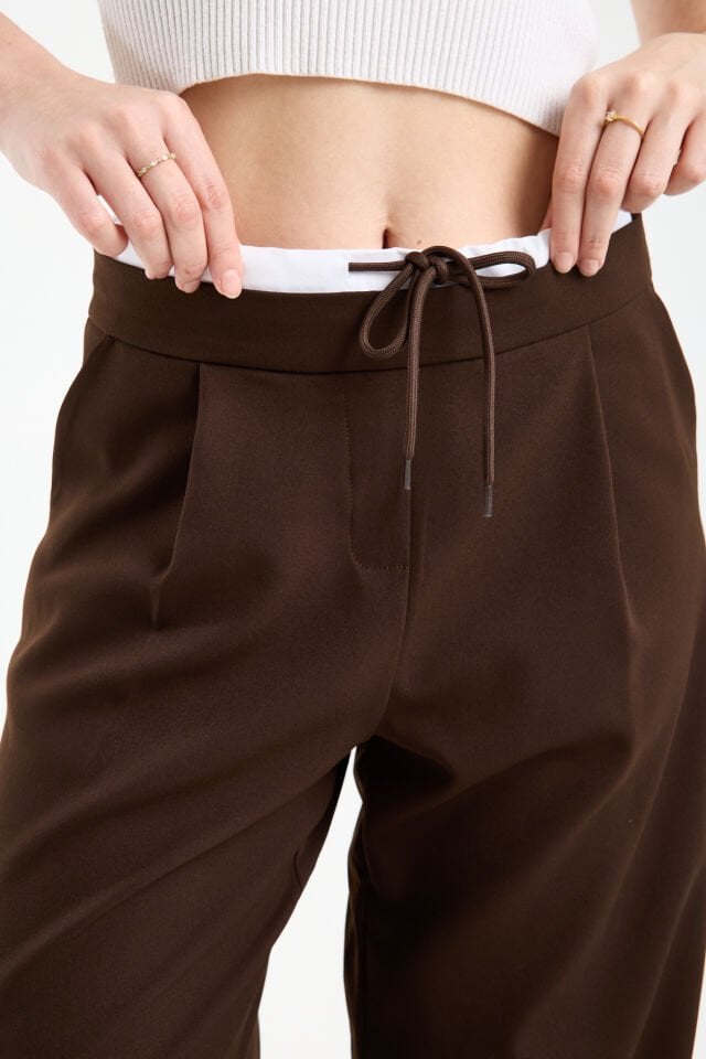 Kadın Çift Bel Bantlı Wide Leg Pantolon 1517 2XL - KAHVERENGİ