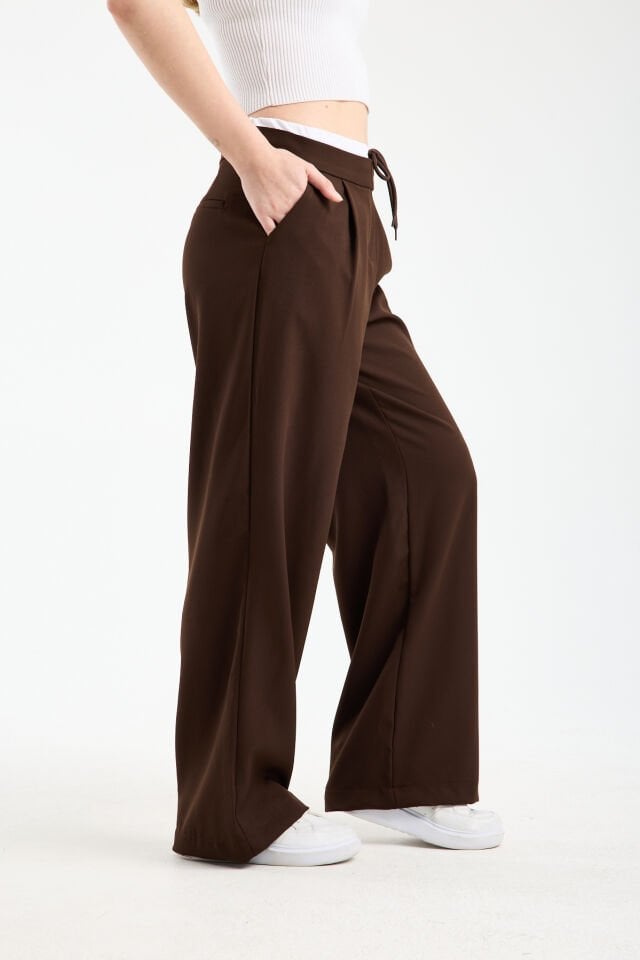 Kadın Çift Bel Bantlı Wide Leg Pantolon 1517 2XL - KAHVERENGİ