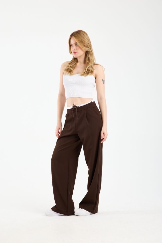 Kadın Çift Bel Bantlı Wide Leg Pantolon 1517 2XL - KAHVERENGİ