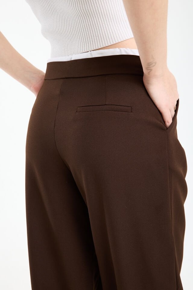 Kadın Çift Bel Bantlı Wide Leg Pantolon 1517 2XL - KAHVERENGİ