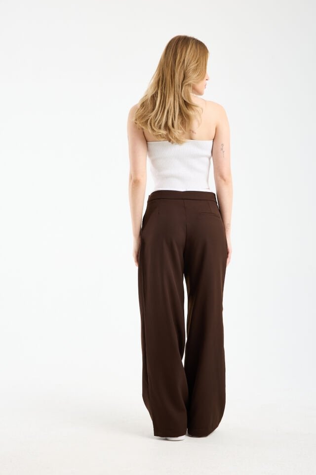 Kadın Çift Bel Bantlı Wide Leg Pantolon 1517 2XL - KAHVERENGİ