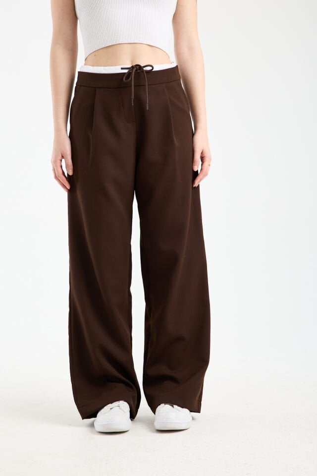 Kadın Çift Bel Bantlı Wide Leg Pantolon 1517 2XL - KAHVERENGİ