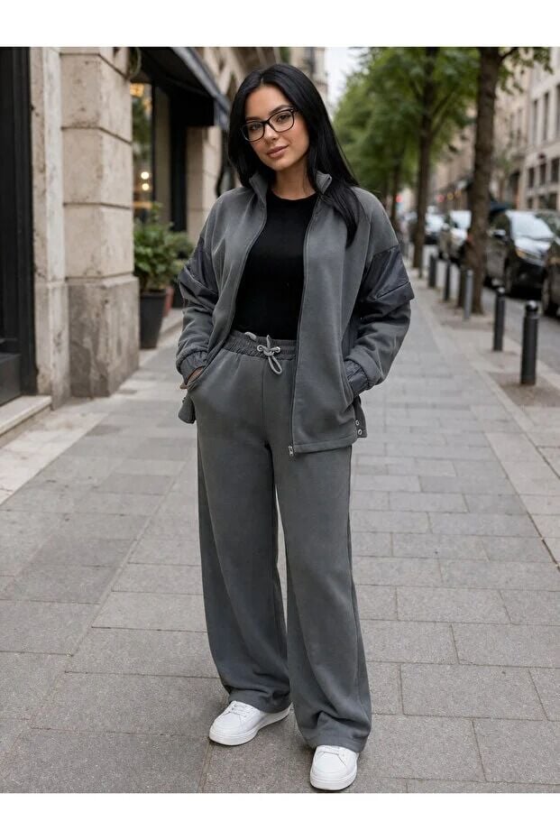 Kadın Garnili Modal Kumaş Baggy Eşofman Altı 2605 XL - GRİ