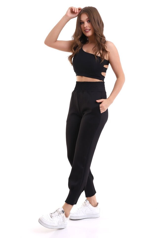 Siyah Jogger Eşofman Altı Scuba Dalgıç Yüksek Bel Likralı WM XXL