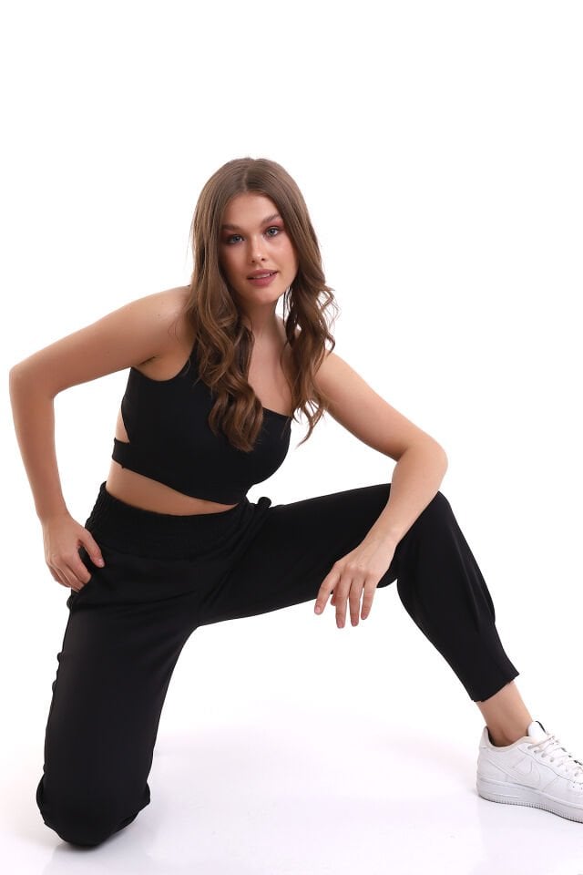 Siyah Jogger Eşofman Altı Scuba Dalgıç Yüksek Bel Likralı WM XXL