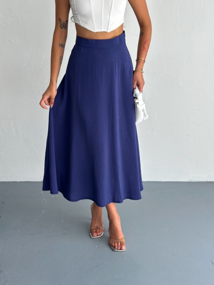Kadın 97cm  Yandan Fermuarlı  Dokulu Maxi Boy Uzun Etek L - LACİVERT