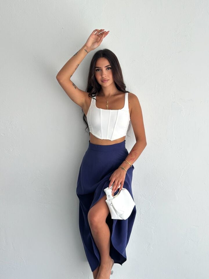 Kadın 97cm  Yandan Fermuarlı  Dokulu Maxi Boy Uzun Etek XL - LACİVERT