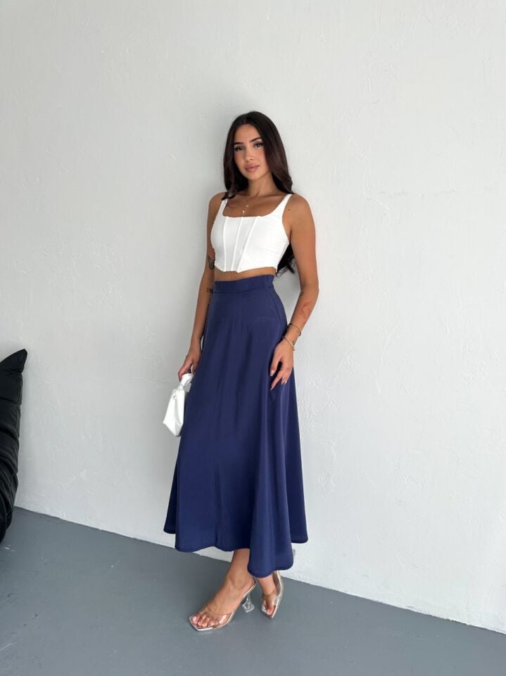 Kadın 97cm  Yandan Fermuarlı  Dokulu Maxi Boy Uzun Etek XL - LACİVERT