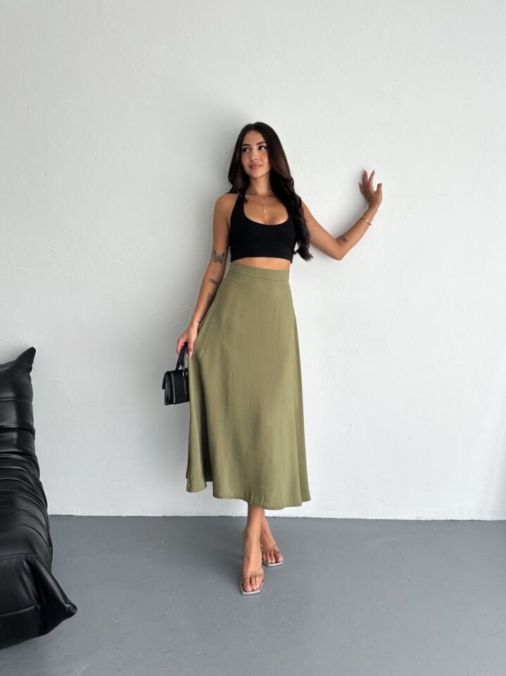 Kadın 97cm  Yandan Fermuarlı  Dokulu Maxi Boy Uzun Etek S - YAĞ YEŞİLİ