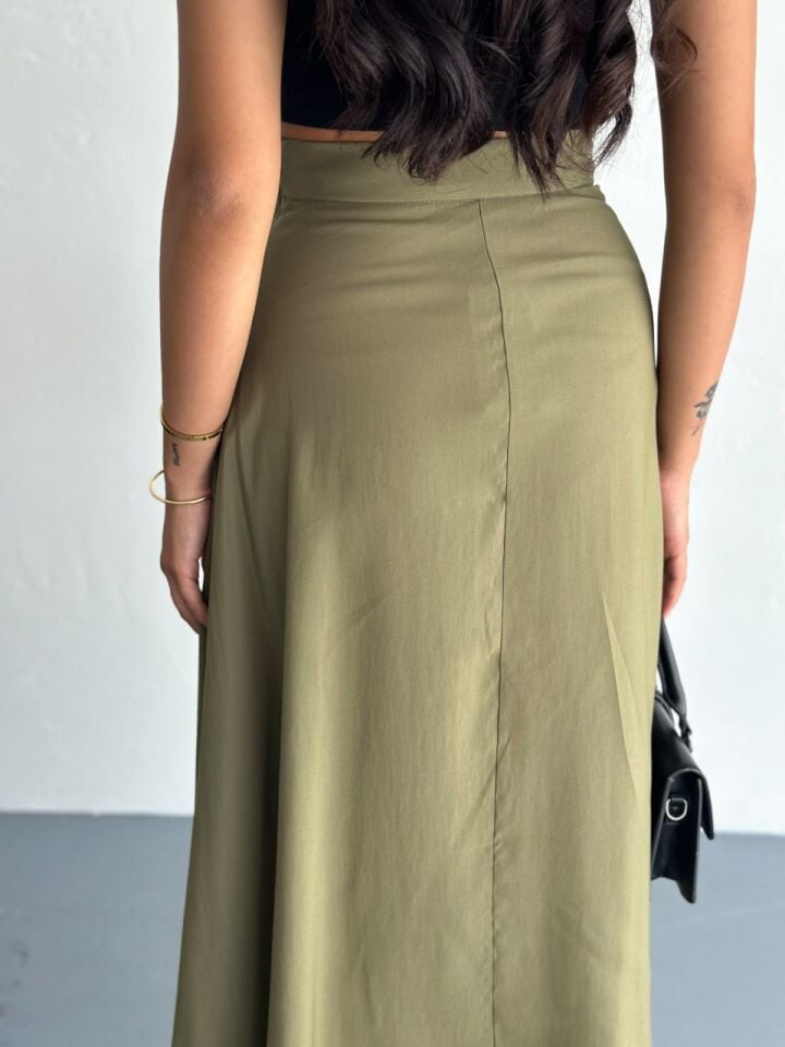 Kadın 97cm  Yandan Fermuarlı  Dokulu Maxi Boy Uzun Etek S - YAĞ YEŞİLİ
