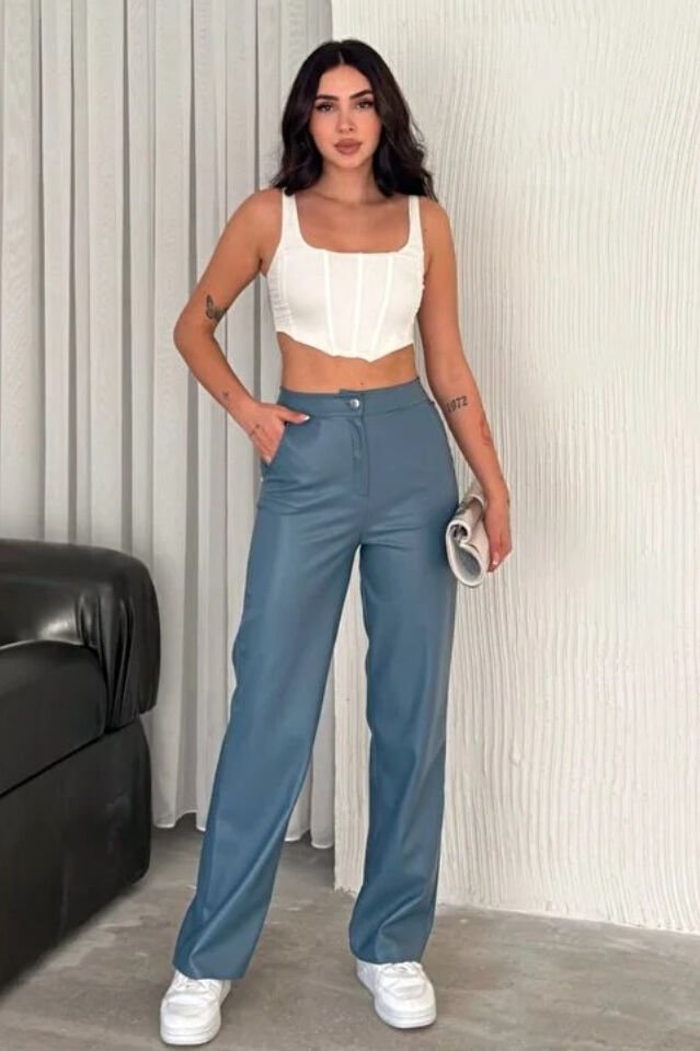 Kadın Deri Bol Paçalı Cepli Pantolon 2427 S - İNDİGO