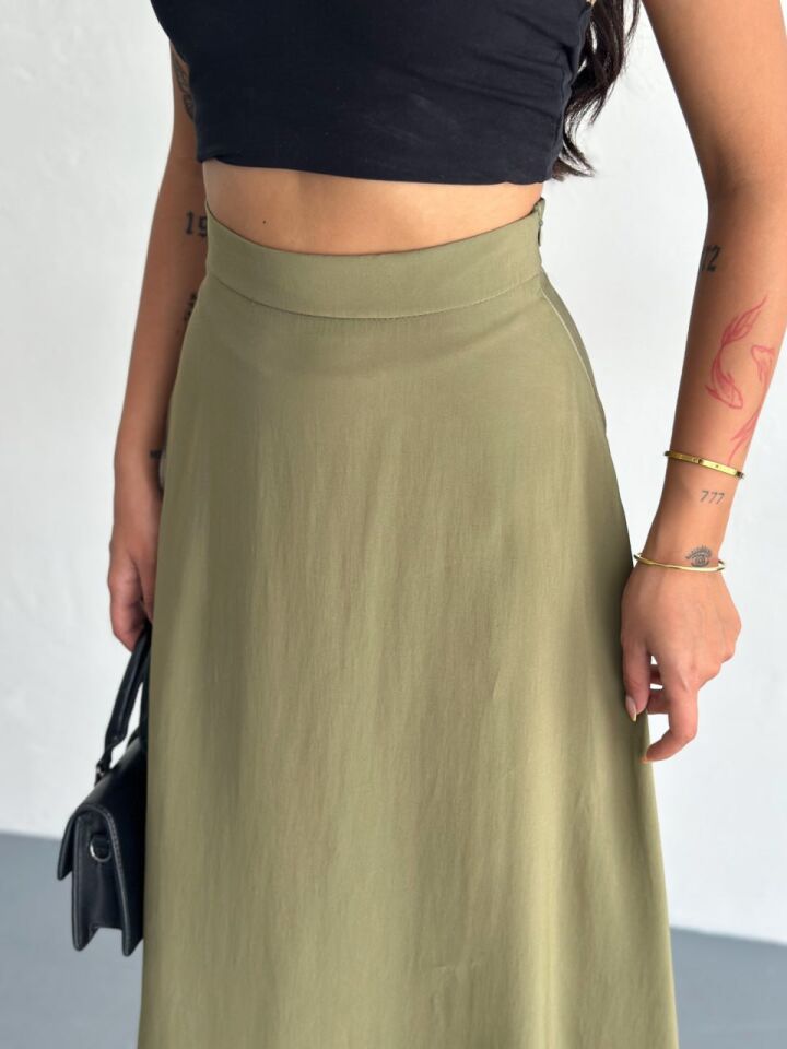 Kadın 97cm  Yandan Fermuarlı  Dokulu Maxi Boy Uzun Etek M - YAĞ YEŞİLİ