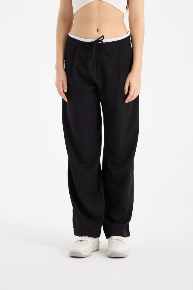 Kadın Çift Bel Bantlı Wide Leg Pantolon 2XL - SİYAH