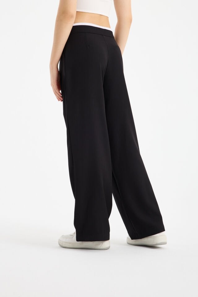 Kadın Çift Bel Bantlı Wide Leg Pantolon 2XL - SİYAH