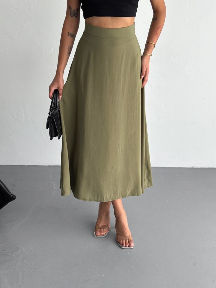 Kadın 97cm  Yandan Fermuarlı  Dokulu Maxi Boy Uzun Etek M - YAĞ YEŞİLİ