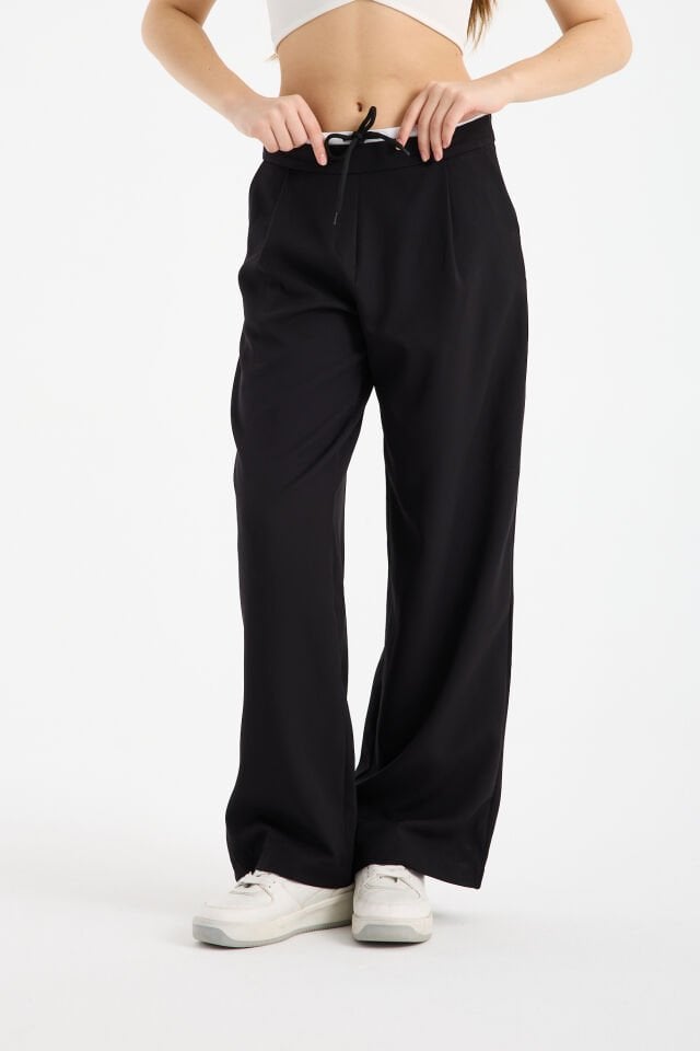 Kadın Çift Bel Bantlı Wide Leg Pantolon 2XL - SİYAH