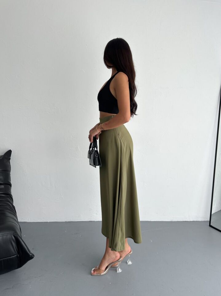 Kadın 97cm  Yandan Fermuarlı  Dokulu Maxi Boy Uzun Etek L - YAĞ YEŞİLİ