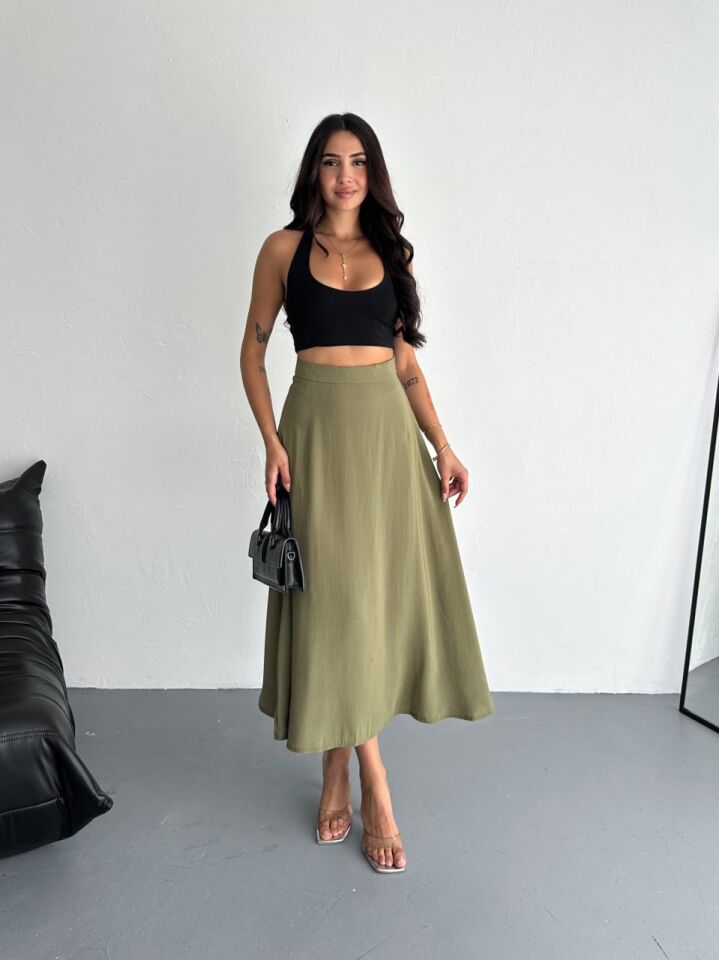 Kadın 97cm  Yandan Fermuarlı  Dokulu Maxi Boy Uzun Etek L - YAĞ YEŞİLİ