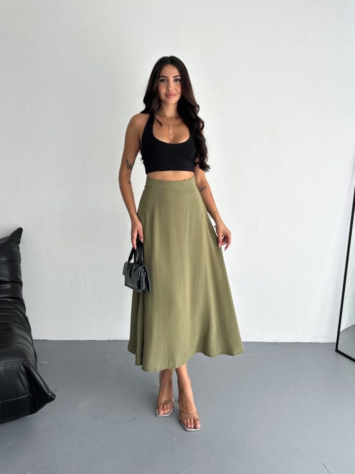 Kadın 97cm  Yandan Fermuarlı  Dokulu Maxi Boy Uzun Etek XL - YAĞ YEŞİLİ