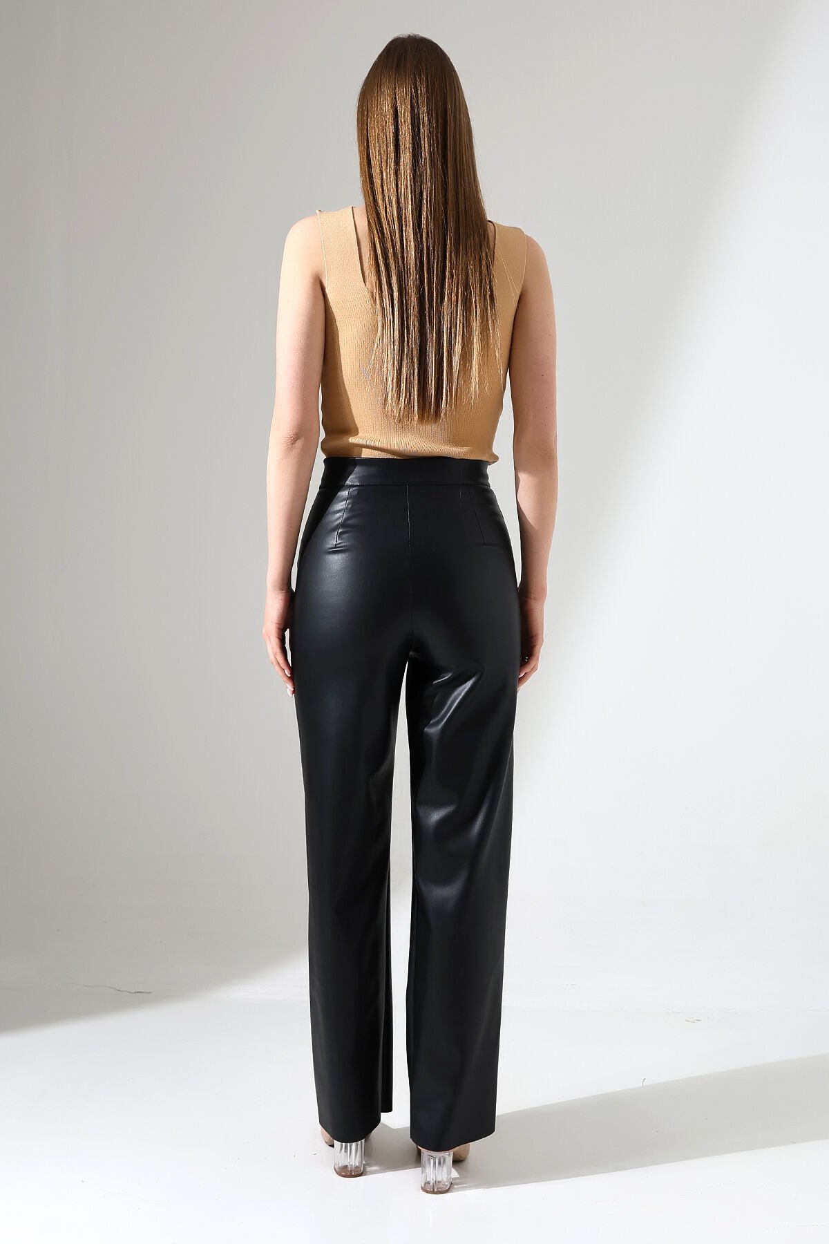 Kadın Deri Bol Paçalı Cepli Pantolon 2427 M - SİYAH