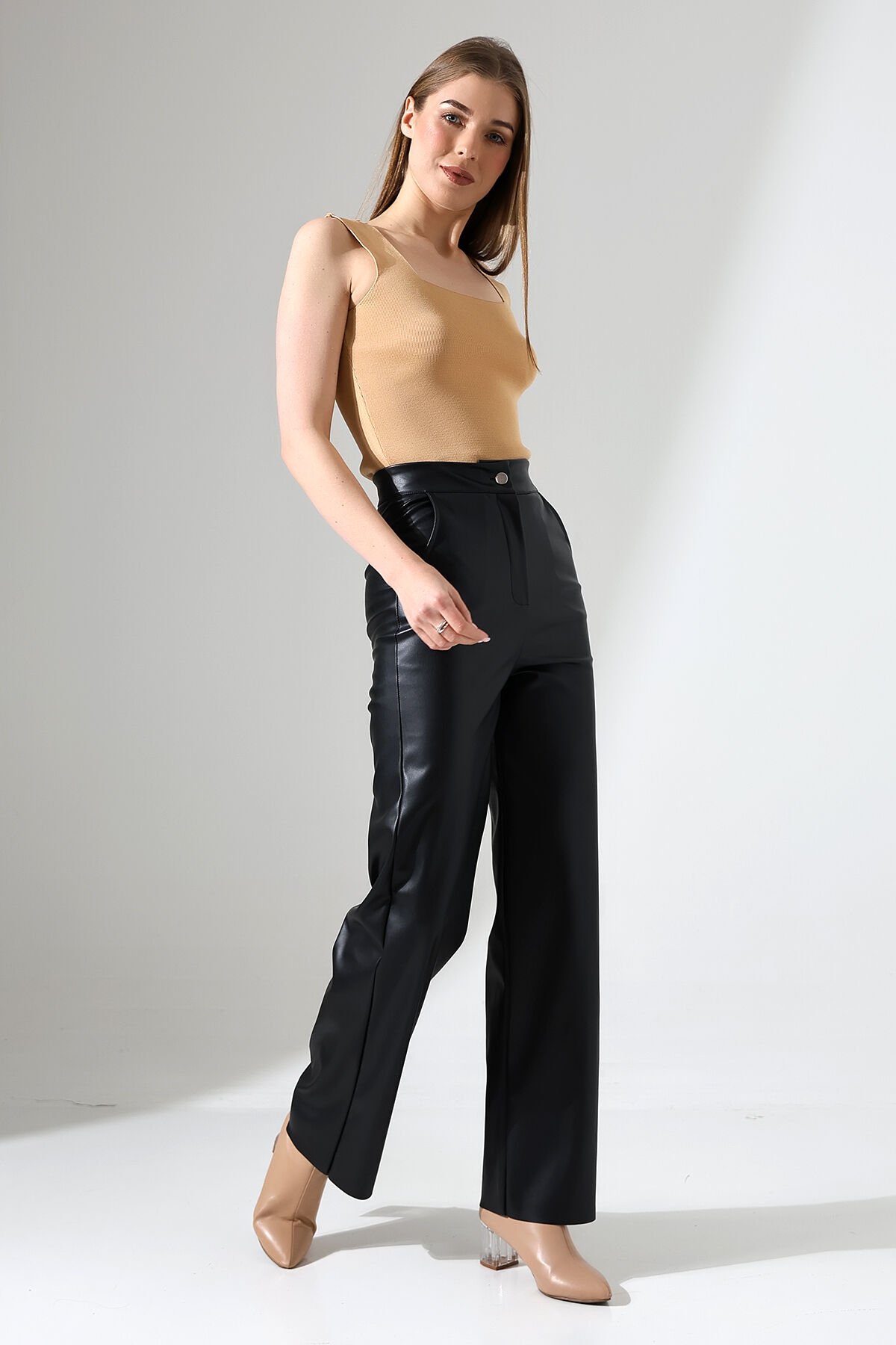 Kadın Deri Bol Paçalı Cepli Pantolon 2427 M - SİYAH