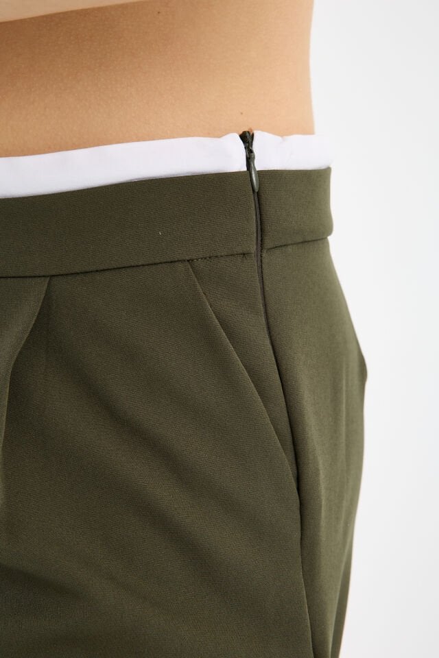 Kadın Çift Bel Bantlı Wide Leg Pantolon 2XL - HAKİ