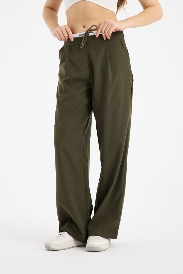 Kadın Çift Bel Bantlı Wide Leg Pantolon 2XL - HAKİ