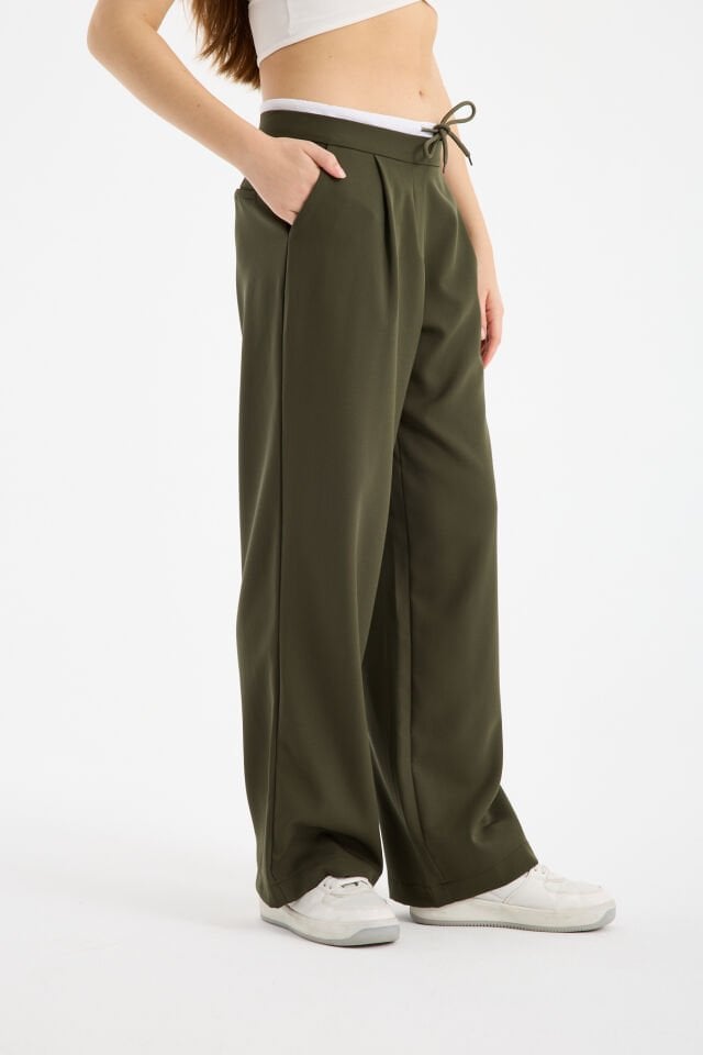 Kadın Çift Bel Bantlı Wide Leg Pantolon 2XL - HAKİ