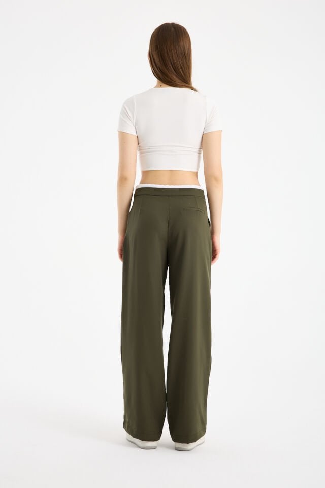 Kadın Çift Bel Bantlı Wide Leg Pantolon 2XL - HAKİ